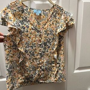 Floral V-Neck Blouse with Ruffles and Buttons